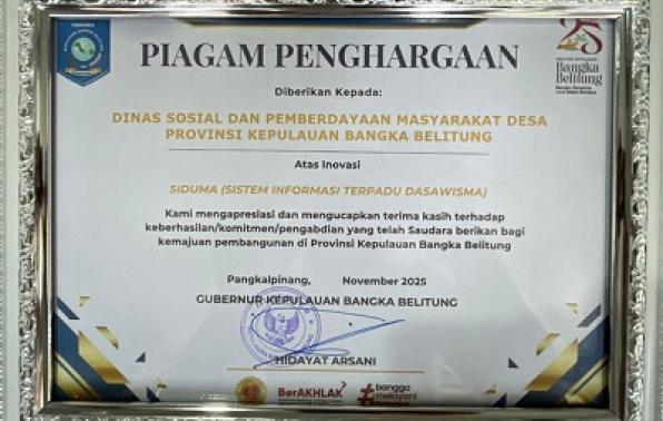 Sertifikat Penghargaan atas Partisipasi Aktif OPD DINAS SOSIAL PMD dalam mendukung Budaya Inovasi -IGA KEMENDAGRI
