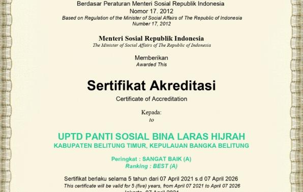 UPTD PANTI SOSIAL BINA LARAS HIJRAH, KABUPATEN BELITUNG TIMUR, PERINGKAT A